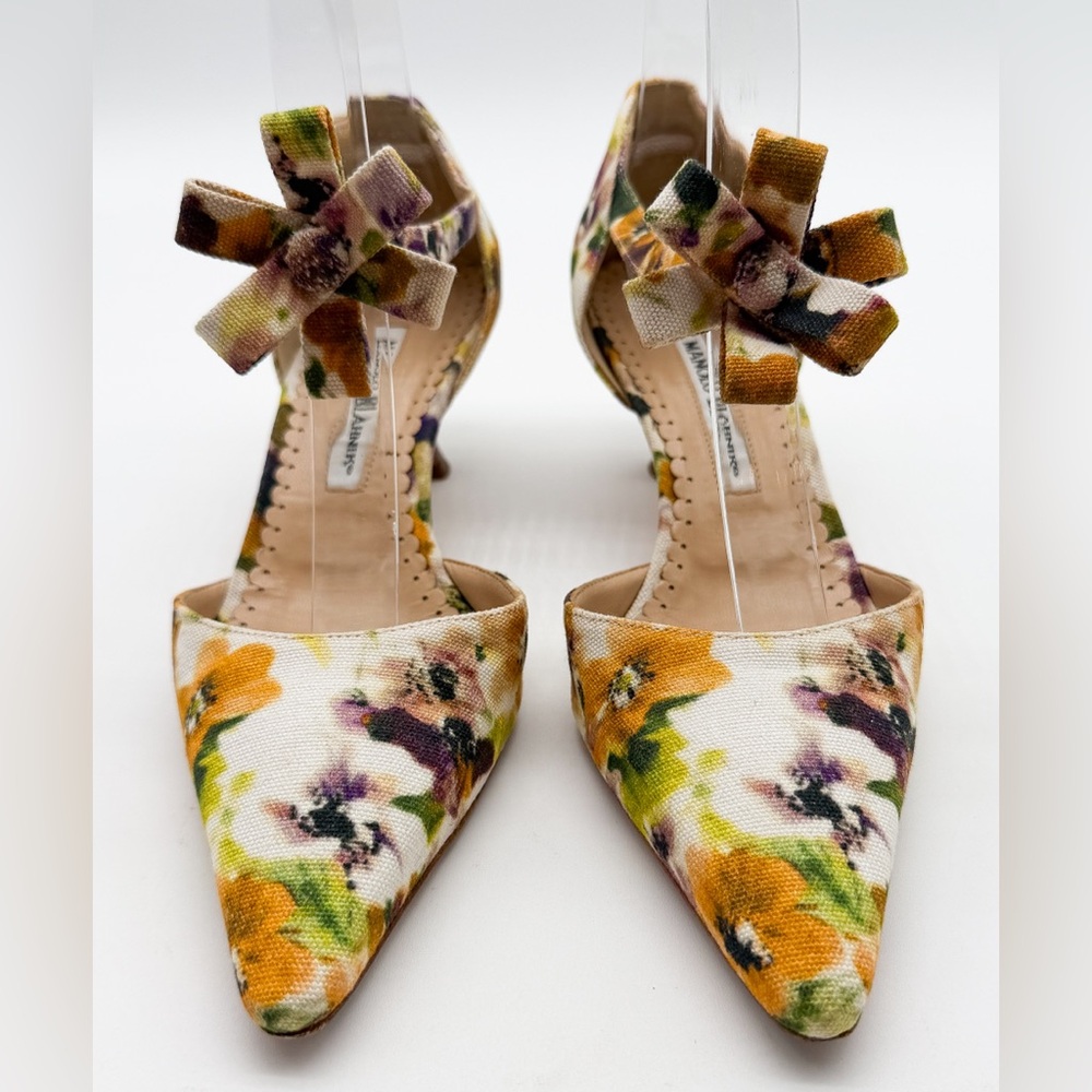 Manolo Blahnik Vintage Floral Canvas Slingback Kitten Heel Pumps EU 37.5 US 7.5 - Picture 8 of 14